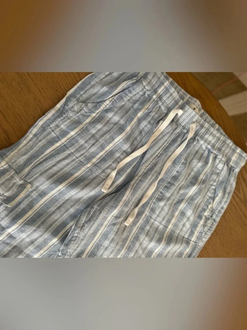 Roxy Linen Blend Striped Wide Leg Drawstring Pants Blue White M Boho Coastal - Picture 5 of 6